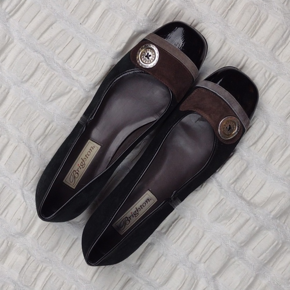 Brighton Black Suede Patent Leather Cap Toe Silvertone Embellishment